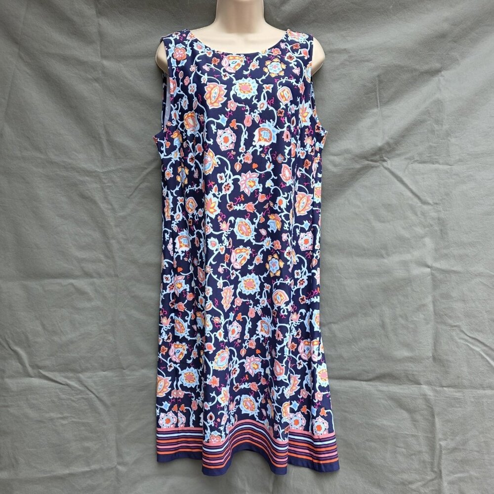 TALBOTS Effortless Jersey Shift Dress Blue Stitched Floral Womens Size L $139